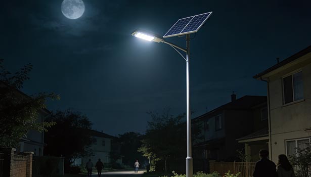 Split solar street light (integrated panel, battery, LED) retrofitted on an existing light pole for rural roads